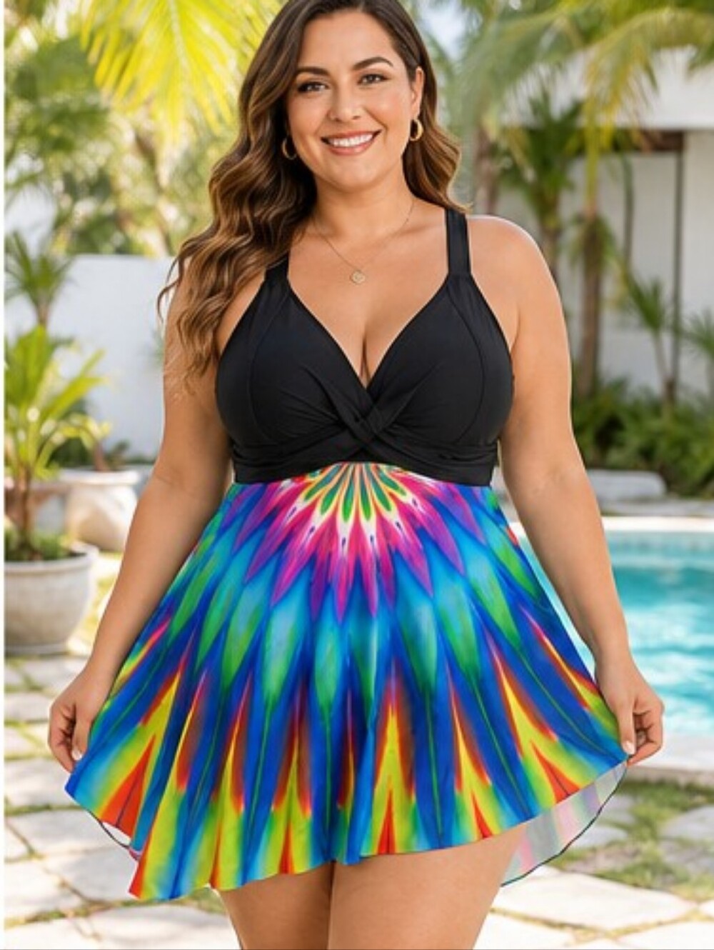 TIE-DYE SKATER SWIMDRESS BLACK CROSS FRONT TOP & HIGH WAIST BOTTOM 4X PLUS NWOT